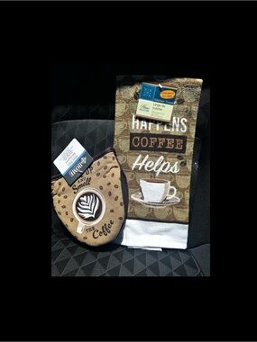 Coffee Kitchen Towel & Oven Mitt Set - Brown White